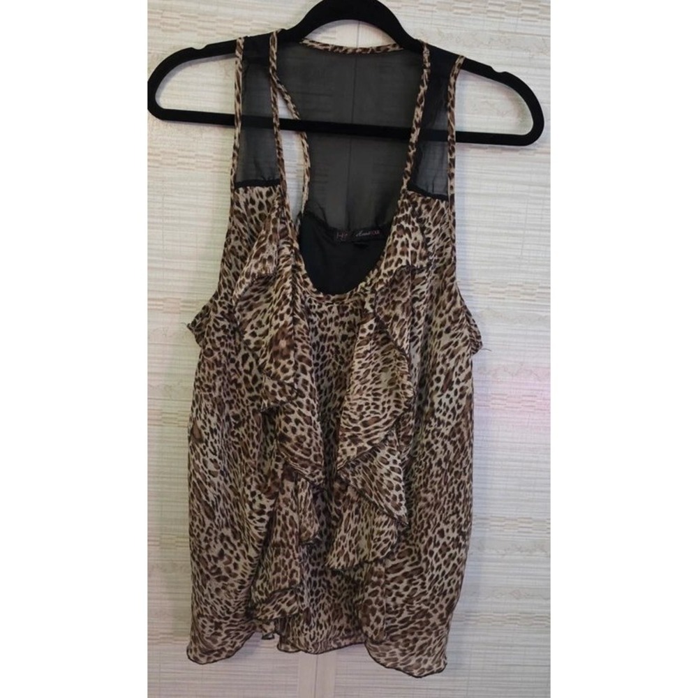 HeartSoul Leopard Print Ruffle Tank Top Sheer Mesh Racerback Blouse 2X